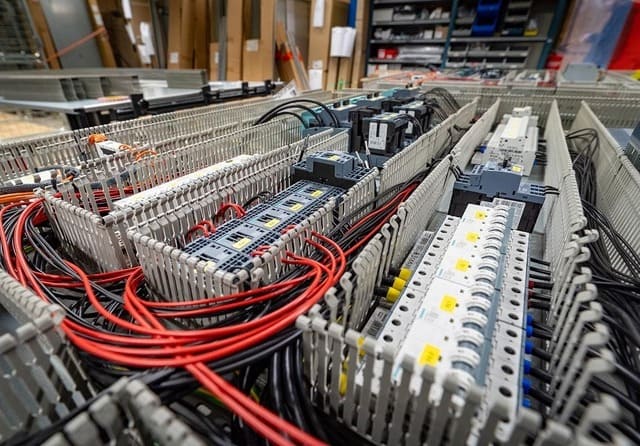 Cuadro eléctrico industrial con cableado, protecciones y componentes de control y distribución.